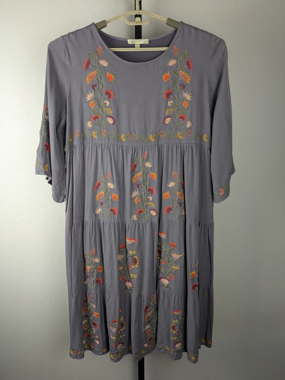 Mimi & Daphne Gray Floral Embroidered Midi Length Dress Boho Modest Fall